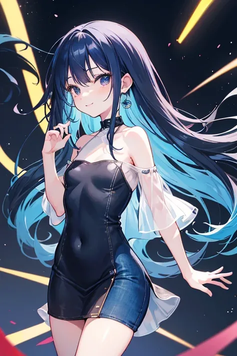 beautiful ,jitome, happy, shy, hopeful, intelligent, smiling, flushed face, standing, looking at viewer, long hair, blue hair, black eyes, eyes open, kawaii, cute, cel anime, 2d anime, Tube denim Dresses Off Shoulder)),((Bodycon Mini Dress)), ((without sle...