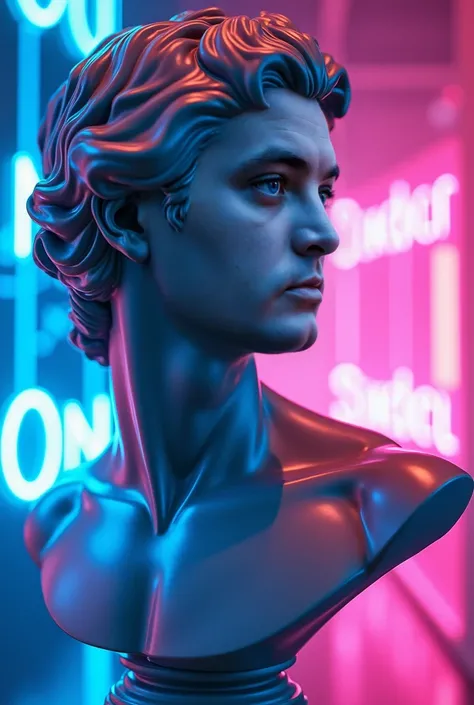 The image features a bust sculpture of a man resembling a classical figure. The statue has a glossy finish, reflecting shades of blue and pink, which adds a modern, digital aesthetic. The background is vibrant, displaying abstract text in a glowing, neon s...