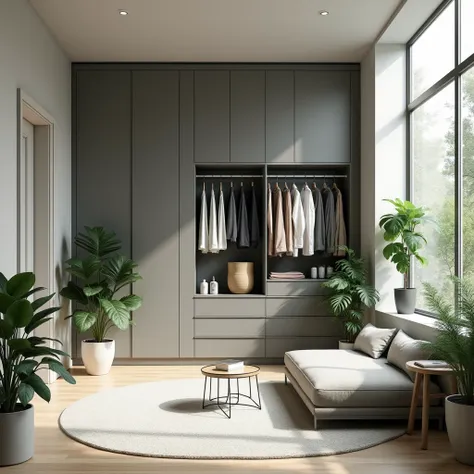 minimalist interior, modern wardrobe, various plants, sleek gray furniture, organized storage, hanging clothes, potted greenery, cozy atmosphere, natural light, contemporary design, home decor
