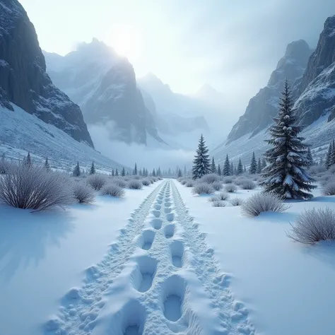 Generate a highly photorealistic and cinematic image of a mountain path covered in fresh snow, with distinct footprints leading into the distance. The path winds through a rugged and dramatic alpine landscape, surrounded by towering, snow-covered peaks and...