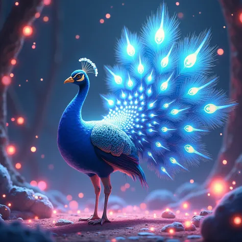 Create me a peacock with colorful lights in the background in the manga anime style 