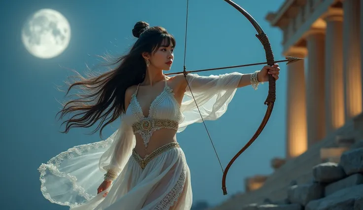 Realistic Artemis, the beautiful chinese girl goddess of moonlight and hunting,long bangs hair wearing white lace  see through sexy costume, Famous for her archery bow arrow, she is flying in sky, background blur fullmoon night sky ancient vintage greek ar...