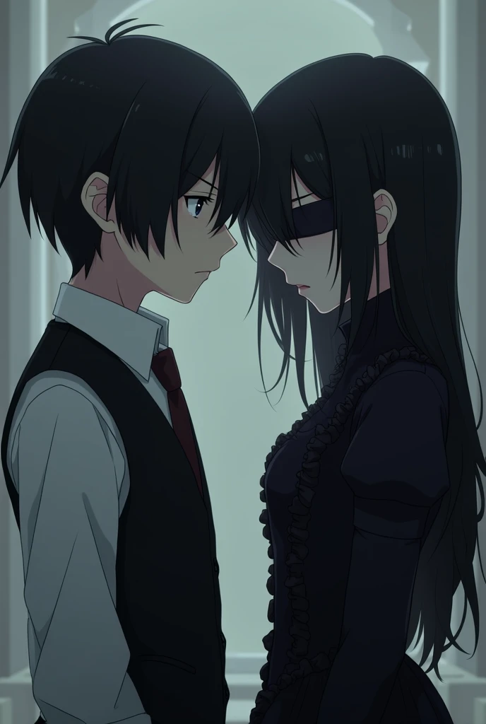 boy:
 14-year-old boy with cold ,  to her observant character . he has short black hair,  and her bangs cover her left eye ,  and her bangs cover her left eye .  He is dressed in neat ,  white shirt and dark vest ,  and her bangs cover her left eye .  and ...