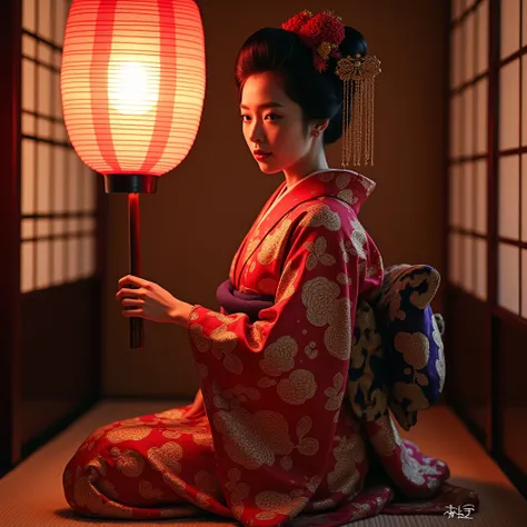 Oiran、Kimono、 splendid kimono、Ida Hyogo、Yoshiwara、Red light district、Prostitute、hairpin、A kimono with a flashy pattern、The knots on the obi are big and long、The colors of the obi are flashy purple and gold、Sideways to backwards、A lantern on tatami１indivual...