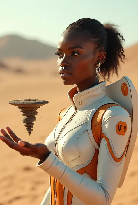 live-action、 real、desert、 upper body、African very beautiful girl、Im wearing a white and orange cyberpunk suit、Half helmet、Creates a small tornado on an outstretched palm