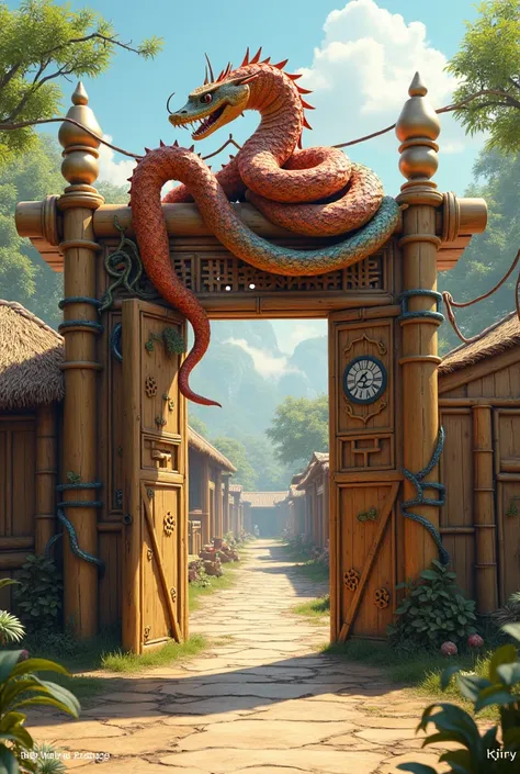 The camp gate is made of bamboo and cardboard with the image of a snake and a snake army around the camp gate, during Tet holiday.