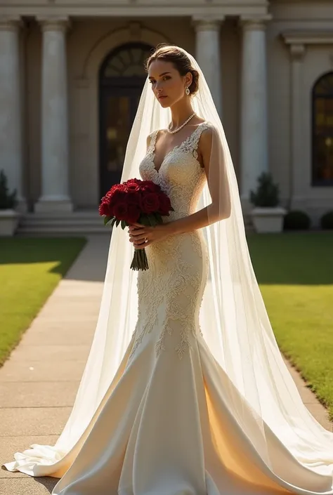 The bride stands as a vision of grace and elegance, bathed in the soft glow of the day. Her gown, a masterpiece of delicate lace and satin, hugs her figure with flawless precision, its flowing train trailing behind her like a river of silk. The intricate d...