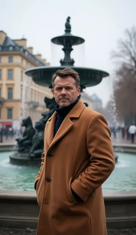 A 38-year-old in a wool coat standing near a city fountain.