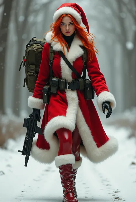 A beautiful woman in a Santa Claus costume with red hair with a gun on her shoulder and a military backpack walks forward.