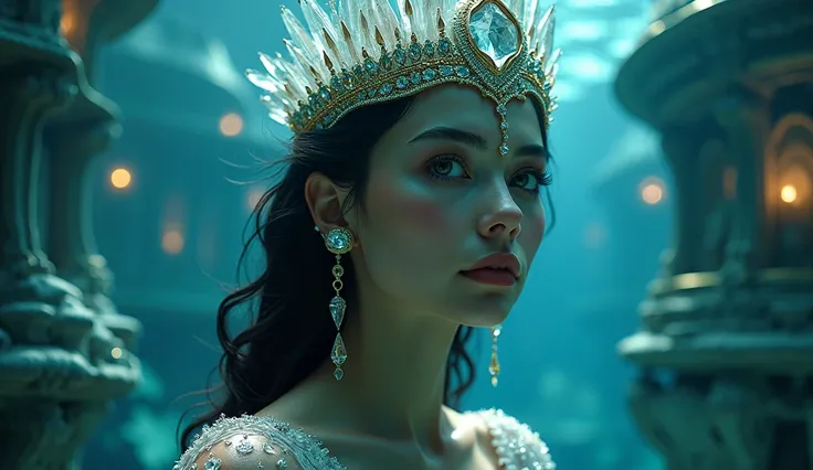 a goddess with quartz crystal crown, enigmatic and exotic, beautiful woman, detailed face and eyes, living in an underwater city, photorealistic, highly detailed, 8k, hyper-realistic, cinematic lighting, chiaroscuro lighting, vibrant colors, mystical, surr...