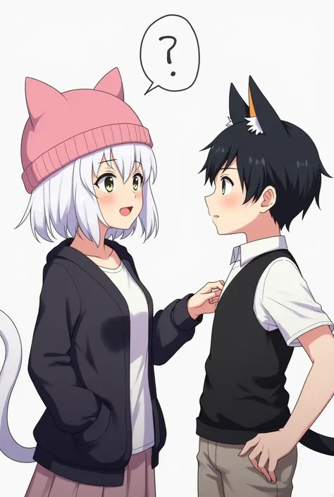 Drawing white haired anime girl wearing pink cat ear wool hat wearing black sweater open chest saying something to anime guy short hair black ear cat wearing black vest
