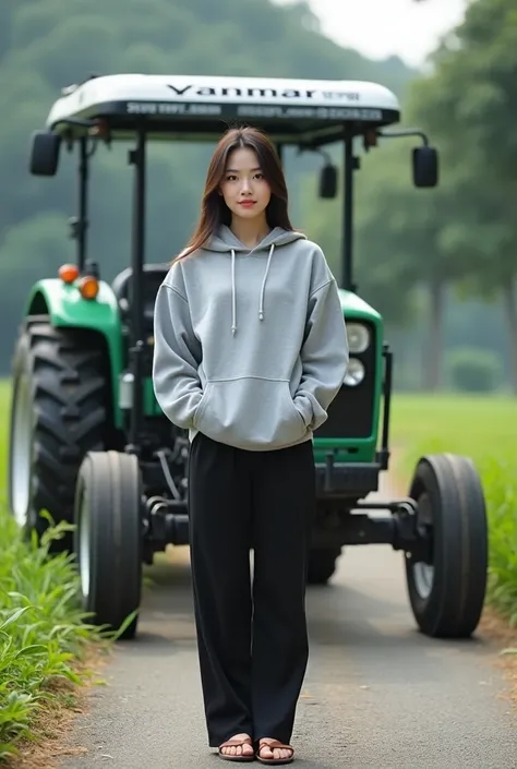 photograph realisme 1.2 of beauty woman korean wearing hoodie and ,and long black trousser with leather sendal,pose standing front tractor yanmar the tractor park alone on the side street with view rice field ,with a lot of high trees ,and gravel street ,t...