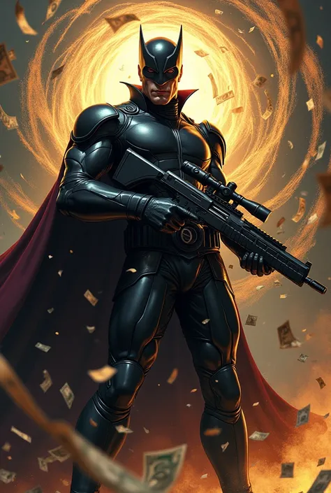 Magneto character with rifle in his hand and flying money luxury