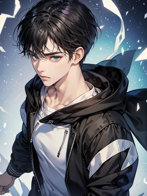 boy, green eyes, black wavy short hair, wear hoodie winter outfit, he expressionless, sleppy. not have expression. background at the night scenery beautiful bizarre snow fall, winter. have big eyes. solo. he so kind. he cute and handsome. he so calm