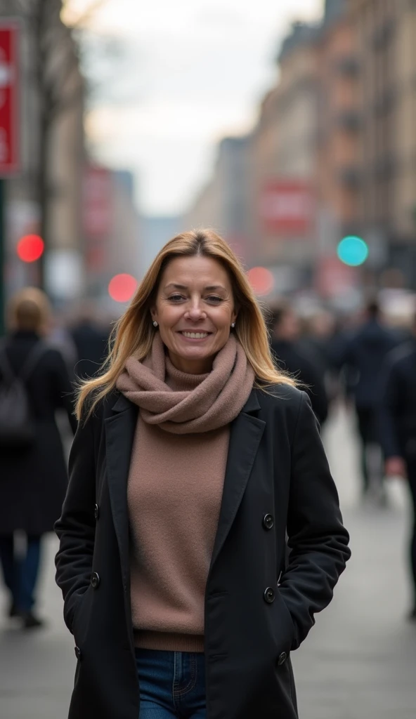 A 35-year-old in a turtleneck and scarf walking through a busy street.