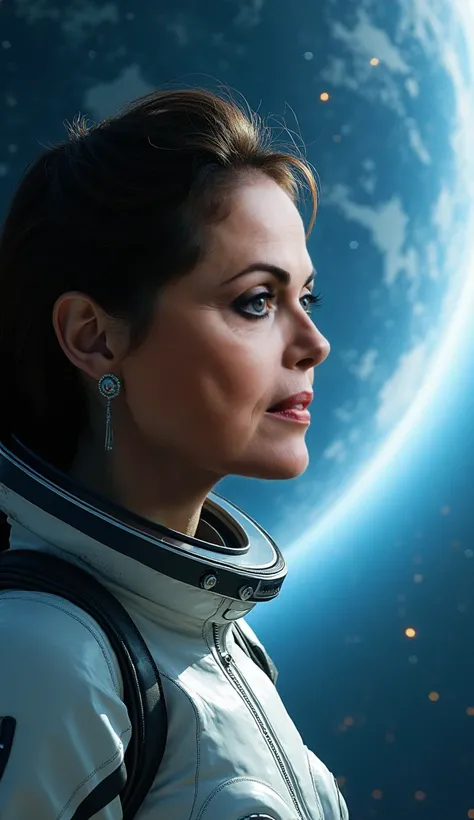 : " A hyper-realistic and surreal scene of a woman with facial features inspired by Dilma Rousseff,  but with a head disproportionately larger than the body ,  now in a space setting .  Shes wearing a futuristic space suit , Highly Detailed,  metallic and ...