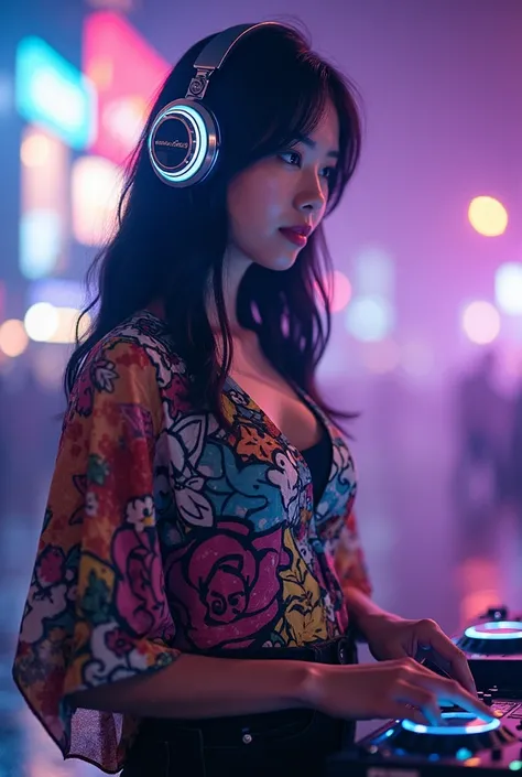 This double exposure picture shows a beautiful Korean woman wearing a colorful graffiti style Balinese kebaya, Wearing ripped black jeans and brown sneakers, She is wearing light-up headphones and looking ahead while playing DJ. She has beautiful eyes. Her...