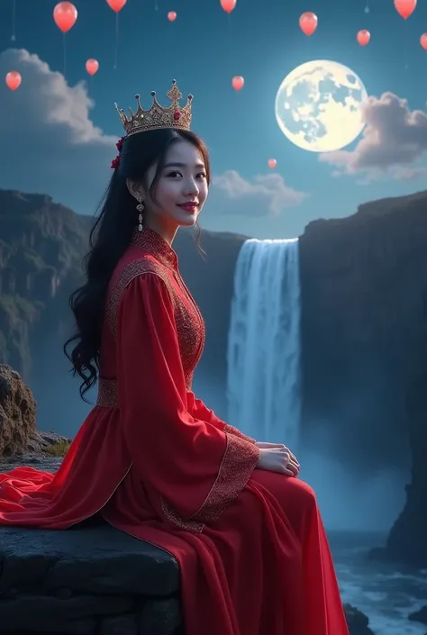 Face looking a camera, A beautiful Korean woman smiling, crown, accessories, wearing a red princess dress jacket, sitting on a cliff, with a very wide long waterfall in the background, firefly effects, transparent neon style balloons flying, dark night sky...