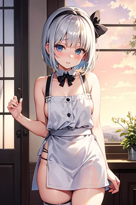 Youmu blushes with a naked apron and a belt around her thighs