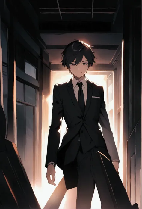 A calm urban young man in a black short dress and a suit looks at you with a smile.