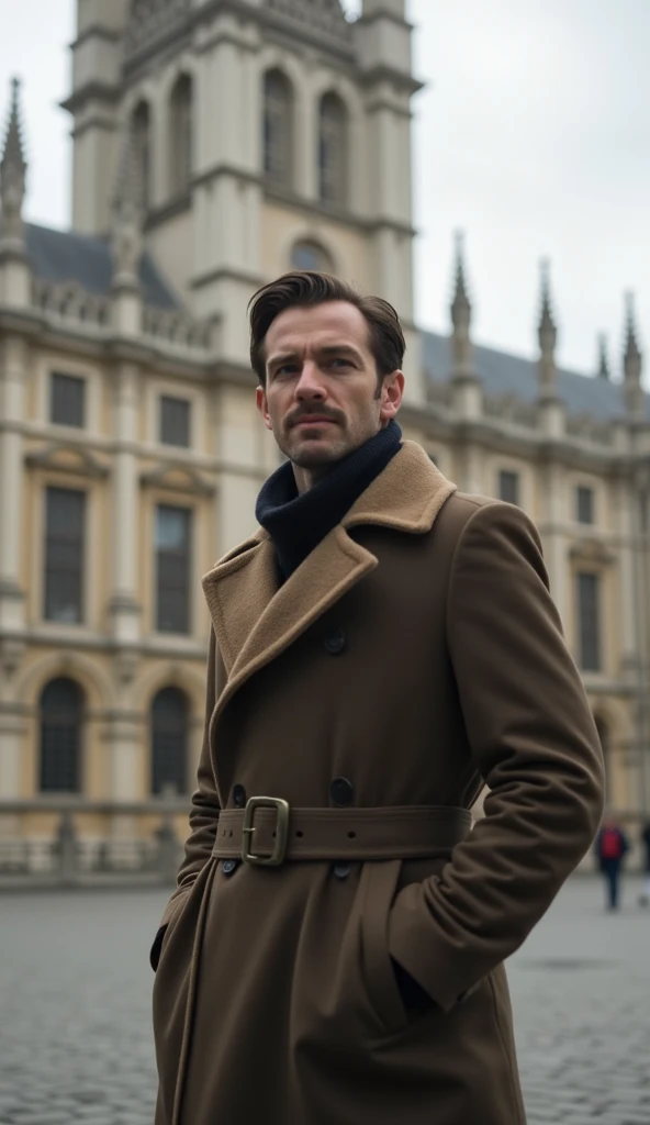 A 36-year-old wearing a belted coat standing near a historic building.