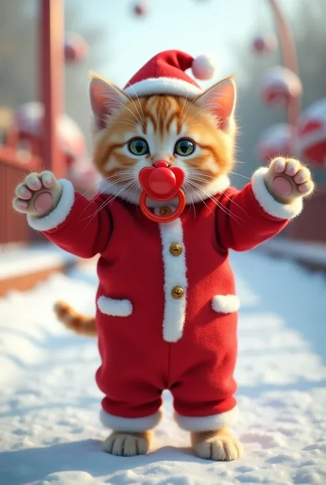 kitten ,     bright face   , Real Cat,     Cute green eyes     ,     Santa Claus baby clothes        ,          Snowy amusement park runway   ,      contains a large red pacifier in the mouth ,Stand up and stretch out your hands
