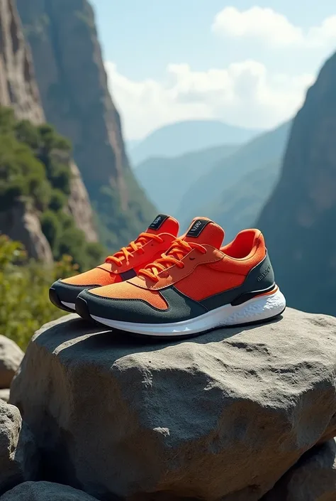 a pair of sneakers stand on a rock