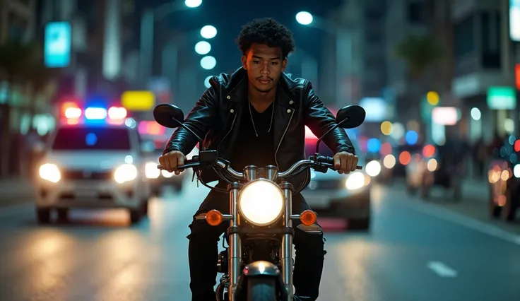 portrait street photography of a 25 year old man, Indonesian face, sickpac body, black hair with short curly hairstyle, brown skin, black leather jacket, black t-shirt, black ripped jeans, black sneaker boots, he poses riding a motorbike. chased by a polic...