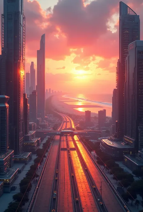 a futuristic city with a sandy beach in the background and beautiful roads with a sunset view