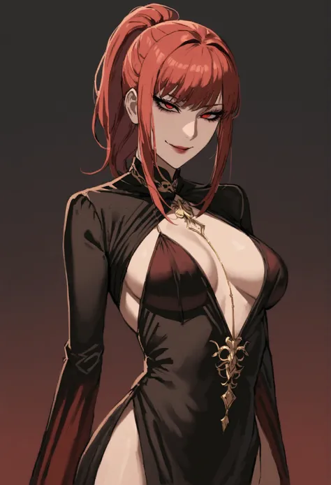 sexy cultist, evil smile, seductive smile, angelic, black clothes, golden threads,deep red hair, ponytail, medium breast