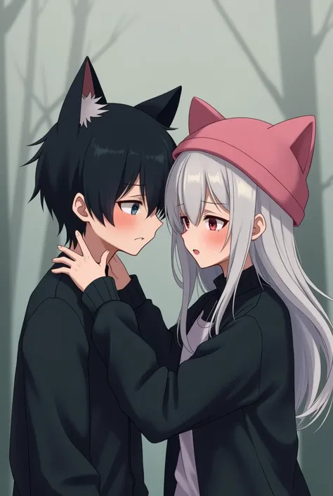 Black haired anime boy with cat ears frustrated and white haired anime girl wearing pink cat ear wool hat wearing black sweater open chest comforting