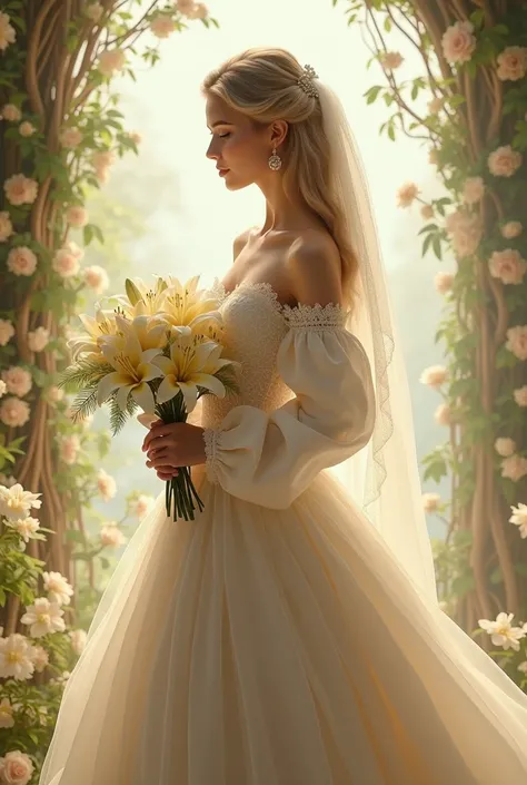 The bride stands in a dreamlike moment, her presence radiant and ethereal. She is adorned in a breathtaking fluffy gown that cascades gracefully around her, its voluminous layers of delicate fabric billowing like soft clouds. The gowns long, billowing slee...