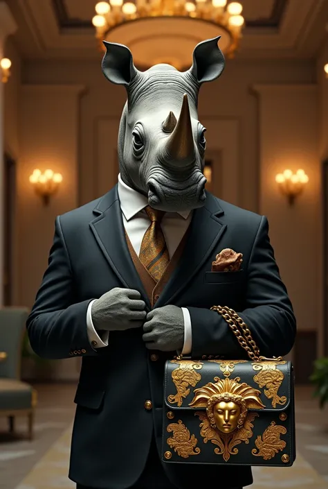 Rhinoceros gentleman holding Versace big bag