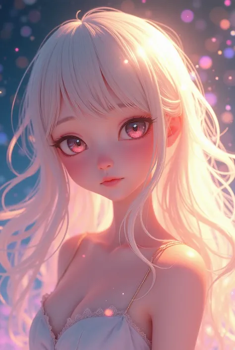 A stunning anime-style waifu with long, transparent, iridescent RGB hair cascading around her, reflecting subtle pastel pink, yellow, and blue hues. Her soft, doll-like features gaze directly at the viewer with warmth and curiosity. The scene is lit by a d...