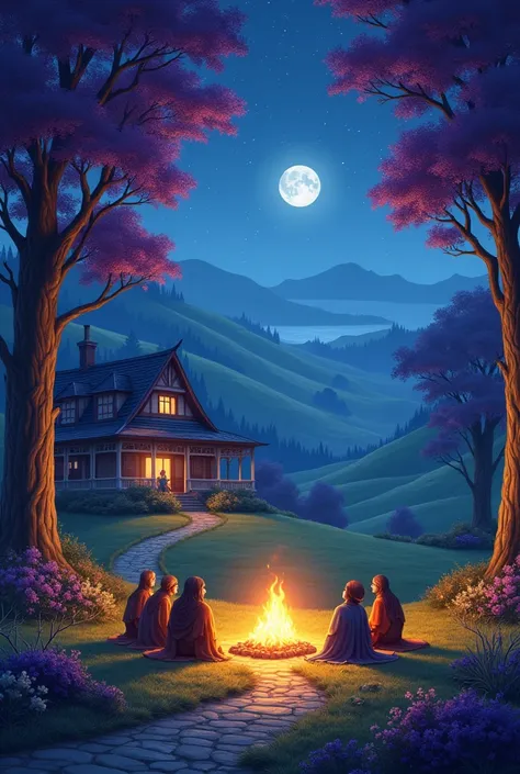   sky full of stars and moon ,  purple and yellow trees ,  and beautiful lawns ,  with traditional houses of antiquity ,At the edge of the forest,  tall trees around ,uphill hilly path , moonlight,  some orians sitting in front of a bonfire in front of the...