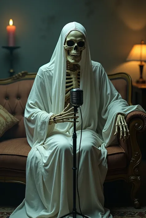  A skeleton dressed as a ghost sits on a sofa, speaking into a microphone, with a candle and lamp in the background.