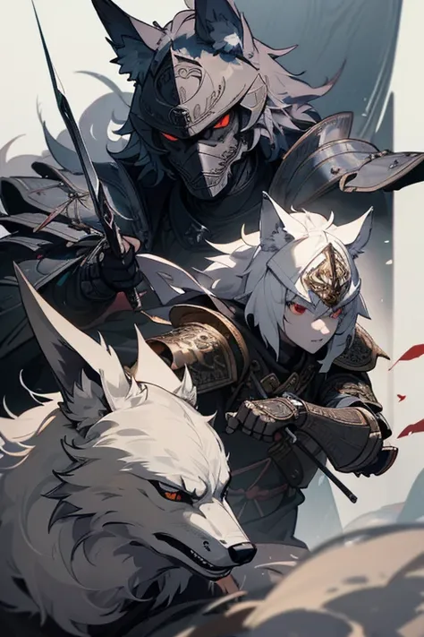   Masterpiece  、(( highest resolution)).(( greatest masterpiece)).(( super detailed)).((Wolf Knight:1.2)).Fine Armor,  A wolf made with an intricate design、Silver, silk,8k,  sharp、 viewers、red eyes、A rabbit made with 、 Samurai Armor 、