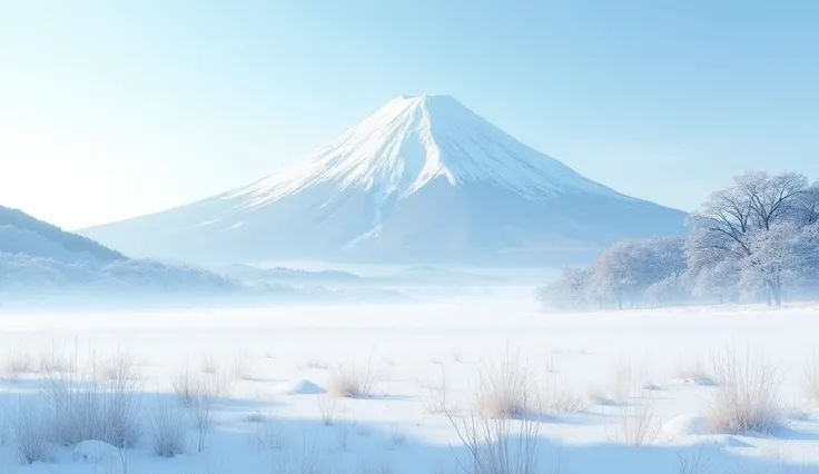 morning、winter、Wide grassland、Snow is piled up all over 、 Its clear and its not snowing、 Mt. Fuji looks big in front 、 Snow is also piled up on Mt. Fuji 