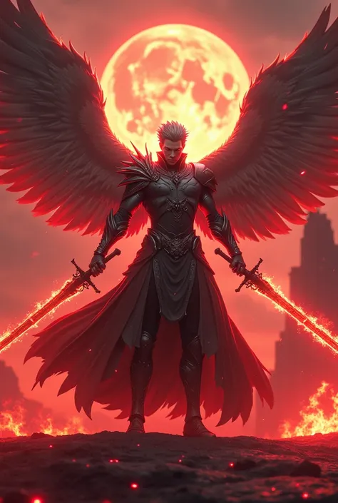 azazel,  commander of hell , strong and imposing,  powerful angel with his weapons and abilities .  strong flames and grandiose flares , vibrant,  high contrast , depth of scenery , vibrant,  reddish shadows with a circle of fire , South Tower ,  wind rose...