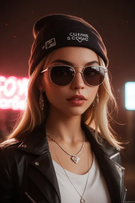 Close-up face 、 alternative girl 、 looking through black sunglasses、 jacket、 Necklaces 、 neon light reflecting on the skin、 earrings for a woman alone、Makeup、Skin imperfections、 shorthair、Beanie、Neon Light Background、Low lighting、 depth of writing、Advanced...