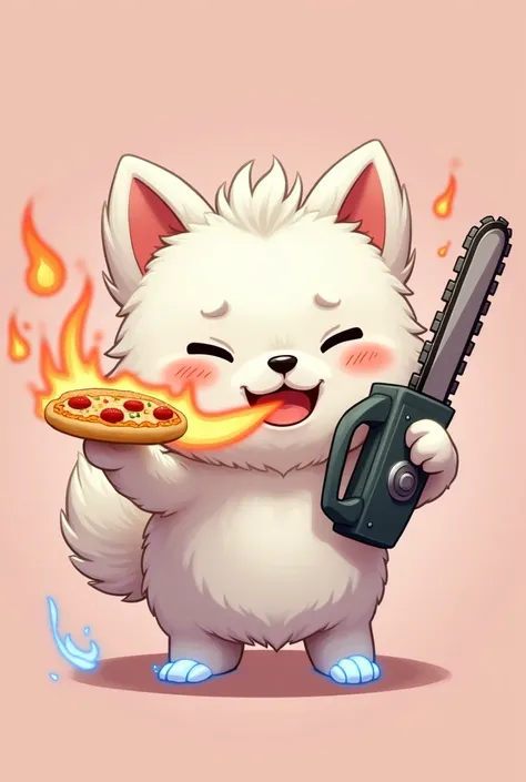 Best Quality, High Quality, reality,  anthropomorphic Japanese Spitz  , The corners of the mouth are raised and they look smiling ,Pure white coat color , Fluffy and soft coat ,  Exhaling flames from their mouth  ,  holding a chain saw in their right hand ...