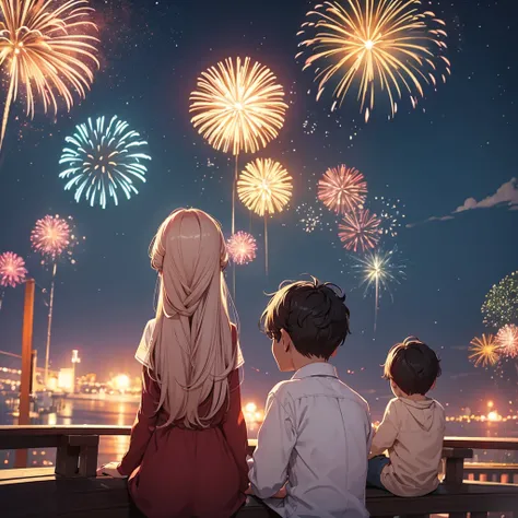 innocent young s, boy and girl, watching fireworks at new year party from far away, manhwa style digital drawing