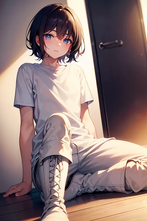 teenage boy in a white shirt and boots, (beautiful eyes), (soft+cute), ((best quality)), ((masterpiece))