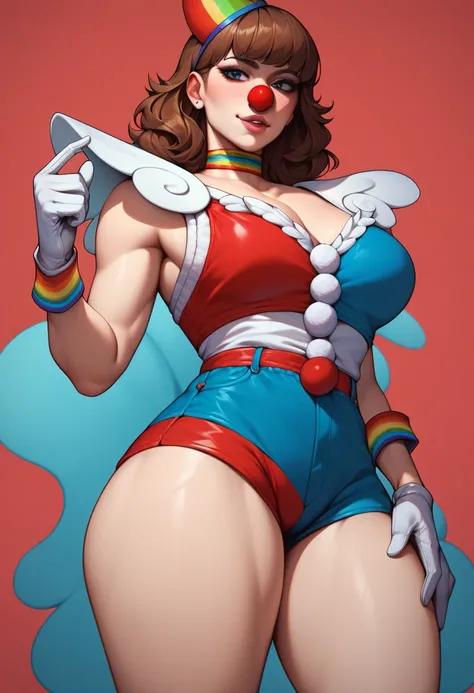 Girl, solo, one person, red and blue asymmetrical clothes, clown clothes, shorts, bare legs, thick thighs, gloves, pomni, clown hat, pomni, brown hair, medium hair, beautiful woman