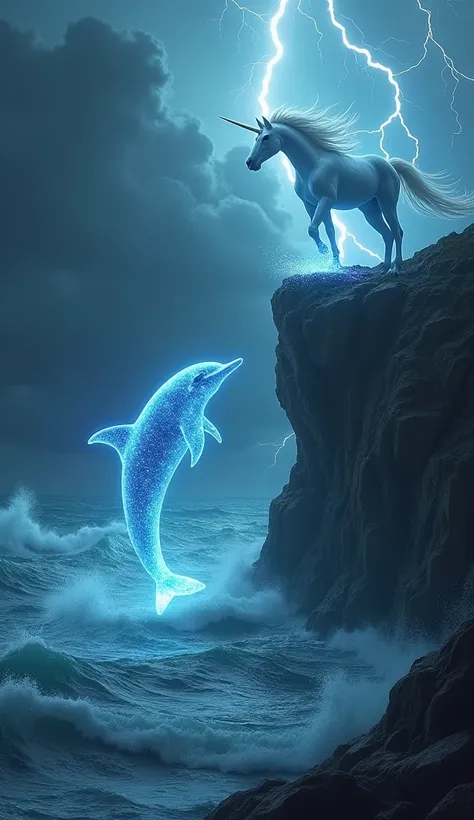 A glowing dolphin leaping out of stormy, dark waters toward a unicorn standing on a rocky cliff, with thunder and lightning illuminating the scene.