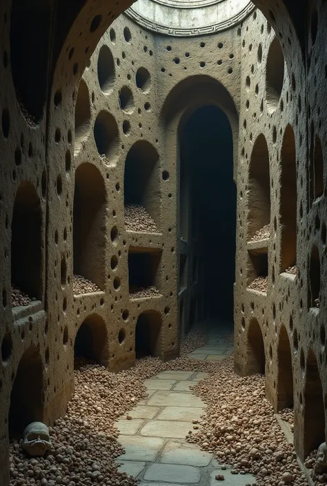 Part of a wall of an ossuary .  The wall of rough stones has several niches, which is filled over and over with human bones