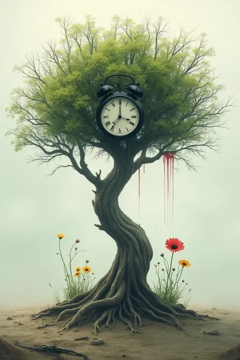 A tree with roots extending deep into the ground, fading into skeletal branches at the top, transitioning from green leaves to gray ones. On one side of the tree, a clock with melting hands symbolizes the passage of time, while the other side has blooming ...