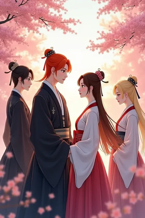 Man with orange hair wearing a black hanbok, Man with red hair wearing black hanbok , Brown-haired girl wearing white hanbok ,  Light Yellow Haired Girl Wearing White Hanbok. The background is a cherry blossom 