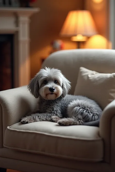 Gray furry dog sitting in an armchair or on a sofa 