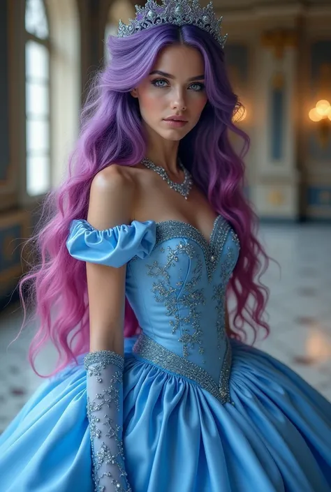    Ultra-realistic photo model sexy woman.Cinderella. purple and fuchsia hair ,  blue ball dress . In the background Moritzburg Castle ,  full body from head to toe ,  looking at the fixed camera  